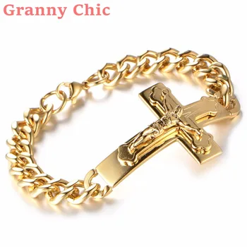 Granny Chic Mode Sølv Guld farve på tværs Jesus armbånd armbånd rustfrit stål herre dame Manchet armbånd bøn Hånd Kæde 1512