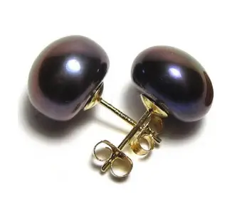 Gratis levering Et par af naturlige AAA-11-12mm sort tahitian pearl øreringe 14k/20 Guld # 0