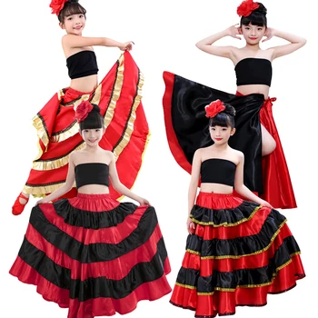 Gypsy Style Princess Piger Mavedans Kostumer Spanske Traditionelle Flamenco Skørt Satin Glat Plus Size Swing Nederdel Kjole