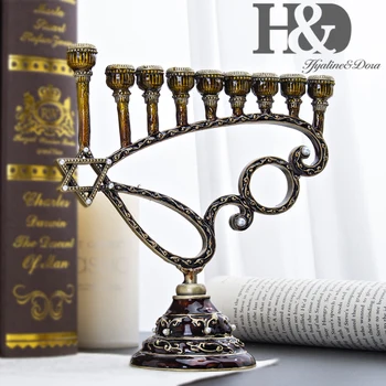 H&D 5 stilarter, Hanukkah Hånd Malet Emalje Menorah Kandelabre Chanukah Templet Lysestager 9 Filial davidsstjerne lysestage 1