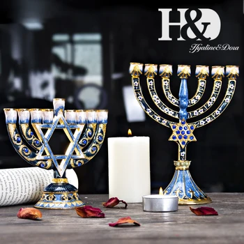 H&D 5 stilarter, Hanukkah Hånd Malet Emalje Menorah Kandelabre Chanukah Templet Lysestager 9 Filial davidsstjerne lysestage 4