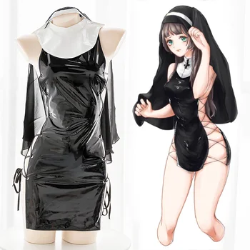 Harajuku Sexy Nonne Halloween Kostumer til Kvinder, Voksne Piger Anime Elsker Live Cosplay Undertøj Tøj Pu Læder Kjole Loli Sort 0