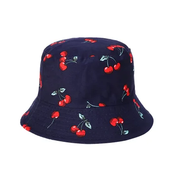 Harajuku Style Nye Cherry Trykt 2 Farve dobbeltsidet Bucket Hat for Både Mænd og Kvinder Udendørs Stranden i Panama Fisker Cap-F69 2531