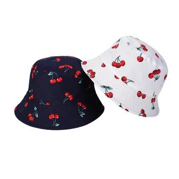 Harajuku Style Nye Cherry Trykt 2 Farve dobbeltsidet Bucket Hat for Både Mænd og Kvinder Udendørs Stranden i Panama Fisker Cap-F69 1