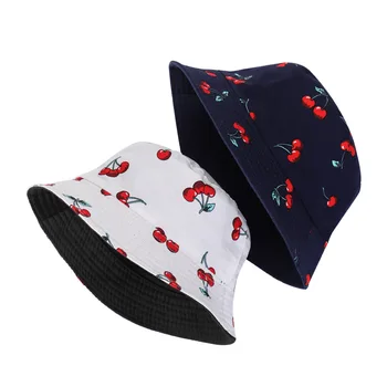 Harajuku Style Nye Cherry Trykt 2 Farve dobbeltsidet Bucket Hat for Både Mænd og Kvinder Udendørs Stranden i Panama Fisker Cap-F69 4