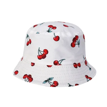 Harajuku Style Nye Cherry Trykt 2 Farve dobbeltsidet Bucket Hat for Både Mænd og Kvinder Udendørs Stranden i Panama Fisker Cap-F69 5
