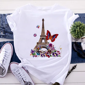 Harajuku T-shirt kvinder 2020 er en ny mode Eiffeltårnet udskrivning Tshirt Fritid kortærmet sommer stil T-shirt kvinde tøj 1