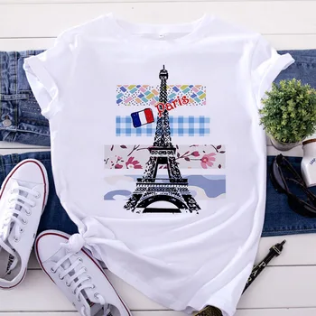 Harajuku T-shirt kvinder 2020 er en ny mode Eiffeltårnet udskrivning Tshirt Fritid kortærmet sommer stil T-shirt kvinde tøj 2