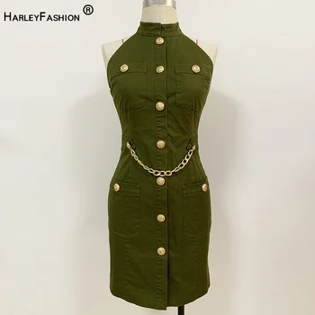 HarleyFashion Top Fashion Sommer Sexet Ærmer Og Ryg-Slank Mini Army Grøn Kort Kjole Kæde Kvalitet High Street Kjoler 1