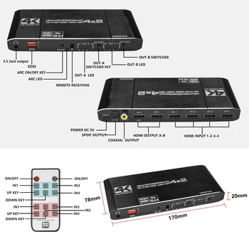 HDMI-2.0 Matrix 4X2 med lyd optiske toslink HDR HDMI ARC 4X2 matrix Switcher Splitter 4K/60Hz HDMI 4 i 2 ud 1