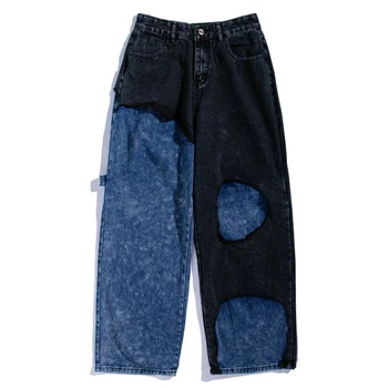 Hip Hop Lige Bukser Streetwear Patchwork Farve Blok Jeans Bukser 2020 Vintage Harajuku Overdimensionerede Løs Joggere Mænd Bukser 4