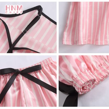 HNM Pink Stribe Print Pyjamas Sæt Silke Satin Homewear Kvinder er 7 Stykker Nattøj Sæt Pyjama Kvinder, Forår, Sommer, Efterår 1
