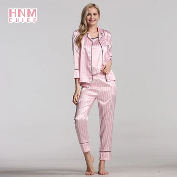 HNM Pink Stribe Print Pyjamas Sæt Silke Satin Homewear Kvinder er 7 Stykker Nattøj Sæt Pyjama Kvinder, Forår, Sommer, Efterår 2