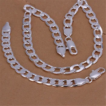 Hot høj kvalitet sølv farve smykker sæt klassiske mandlige mode 12MM geometriske Figaro kæde halskæde-armbånd-S100
