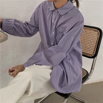 HziriP OL Lilla Solid Dovne Stil Solcreme Bluser Løs 2020 Kvinder Hot Casual Mode Chic Alle Match Oversize Elegante Skjorter 5