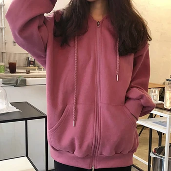 Hættetrøjer Kvinder Populære Fast Fortykkelse Hætteklædte Studerende Par Zip-up Overtøj Korean Style Kvinde Tøj Oversize Smarte Fritid 5