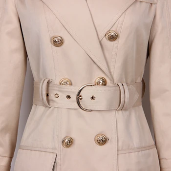 Høj kvalitet khaki tekstur stof dobbelt-træk knappen epaulettes bælte slank langærmet vindjakke varm mode kvinders jakke 3428
