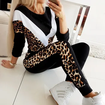 Høj Kvalitet Kvinder 2 Stykke Udstyr Leopard Print, Lange Ærmer Pullover, Sweatshirts Og Bukser Set-Top Og Pants Træningsdragt Kvinder 1