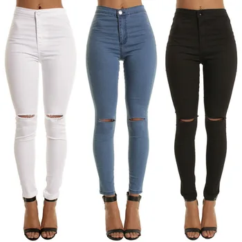 Høj Talje Casual Skinny Jeans For Kvinder Hul Vintage Piger Slank Rippet Denim Blyant Bukser Med Høj Elasticitet Sort Blå
