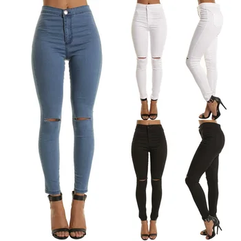 Høj Talje Casual Skinny Jeans For Kvinder Hul Vintage Piger Slank Rippet Denim Blyant Bukser Med Høj Elasticitet Sort Blå 4