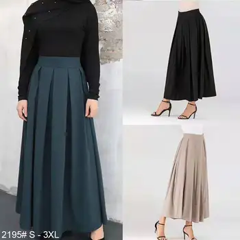Høj Talje Plisseret Nederdel Muslimske Kvinder Mode Ankel-længde Solid Farve Nederdele Damer Elegante Arabiske Islamiske Cothing 2020 Plus Størrelse 3
