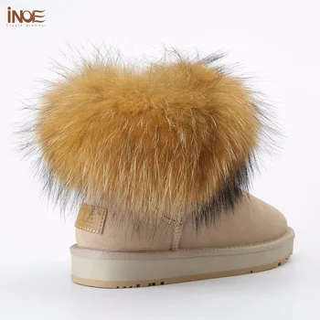 INOE Piger Fox fur Short Ankel Vinter Ruskind Shearling sne støvler til kvinder ægte fåreskind læder Uld, pels foret vinter sko 0