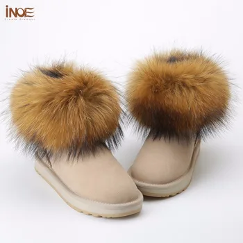 INOE Piger Fox fur Short Ankel Vinter Ruskind Shearling sne støvler til kvinder ægte fåreskind læder Uld, pels foret vinter sko 3