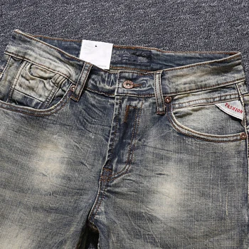Italiensk Stil Og Mode Til Mænd, Jeans Retro Gul Vasket Vintage Designer Jeans Mænd Streetwear Strække Klassisk Slim Jeans Til Mænd 3