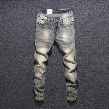 Italiensk Stil Og Mode Til Mænd, Jeans Retro Gul Vasket Vintage Designer Jeans Mænd Streetwear Strække Klassisk Slim Jeans Til Mænd 5