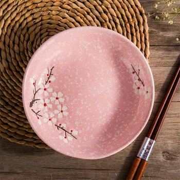 Japansk Blomster Runde Keramiske Middagstallerken Glasur Cherry Blossom Porcelæn Fad Tallerken Bøf Frugt Dessert Skuffe Snack Retter Plade