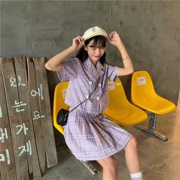 Japansk College Stil Harajuku Skole Uniform Outfit Søde Plaid Kort Ærme Toppe Sød, Høj Talje Plisserede Bolden Lilla Dragt