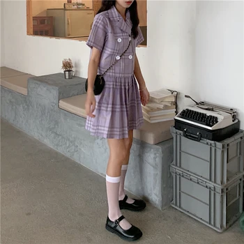 Japansk College Stil Harajuku Skole Uniform Outfit Søde Plaid Kort Ærme Toppe Sød, Høj Talje Plisserede Bolden Lilla Dragt 1