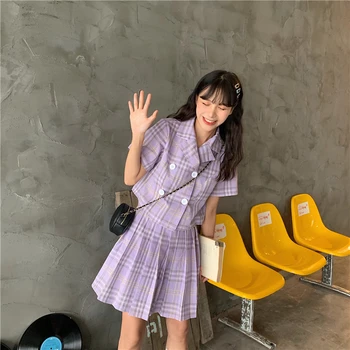 Japansk College Stil Harajuku Skole Uniform Outfit Søde Plaid Kort Ærme Toppe Sød, Høj Talje Plisserede Bolden Lilla Dragt 5