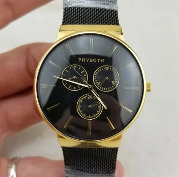 Japansk urværk uret Mænds sport ur Phyboth guld rustfrit stål casual armbåndsur gratis fragt 3