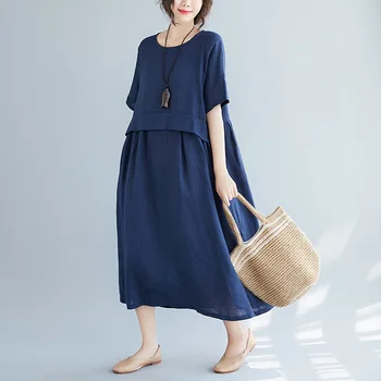 Johnature 2021 Nye Koreanske Løse Kvinder Kjoler Sommeren Kvinder Tøj, New Solid Farve Patchwork Afslappet Plus Size Kjole 1