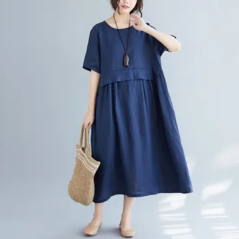 Johnature 2021 Nye Koreanske Løse Kvinder Kjoler Sommeren Kvinder Tøj, New Solid Farve Patchwork Afslappet Plus Size Kjole 3