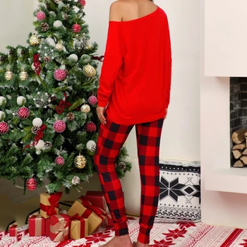 Julen Pyjamas Kostumet Housewear Bogstaver Påtrykt Langærmet Skjorte Ternet Pyjamas Kvinder Nattøj Sove Toppe To-Delt Sæt 0