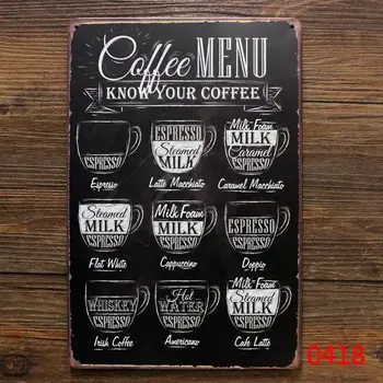 Kaffe menu vintage cafe tin tegn retro metal plade maleri klassisk strygejern billede vægdekoration til coffee shop 3