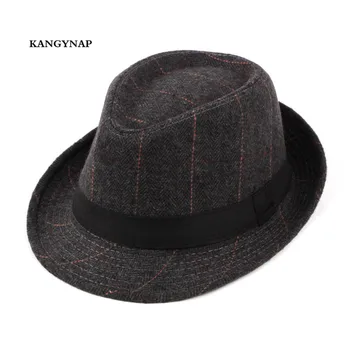 [KAGYNAP] Engros-England-Stil Classic Grid Mænd Jazz Hat Spring Nye Casual Fashion Cap Uldne Far Hat 0