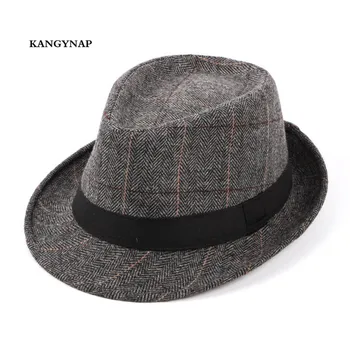 [KAGYNAP] Engros-England-Stil Classic Grid Mænd Jazz Hat Spring Nye Casual Fashion Cap Uldne Far Hat 3