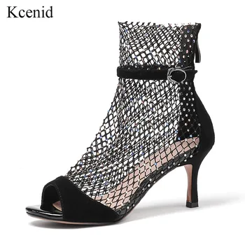 Kcenid 2019 Fashion stor størrelse 33-43 bling crystal mesh kvinder sko peep toe sexy høje hæle party sommer støvler og lynlås, sort 0