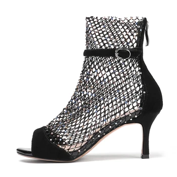 Kcenid 2019 Fashion stor størrelse 33-43 bling crystal mesh kvinder sko peep toe sexy høje hæle party sommer støvler og lynlås, sort 5