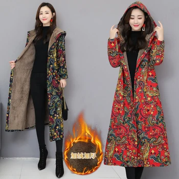 Kinesisk Røde Blomster Kvinder Vinteren Lang Jakke Vintage fleece foring Polstret Vinter jakke Kvinder Blå Blomst Parka Damer Vindjakke 4