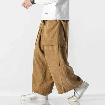 Kinesisk Stil Fløjlsbukser Casual Bred Ben Bukser 2021 Mode Harajuku Stor Lomme Black Straight Bukser Plus Size Bunde Mænd 0