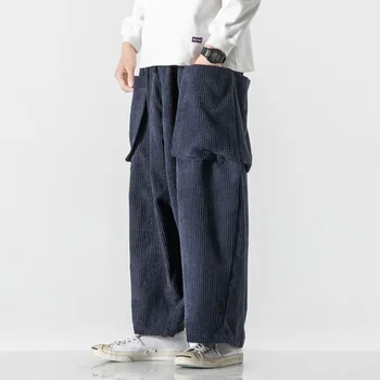 Kinesisk Stil Fløjlsbukser Casual Bred Ben Bukser 2021 Mode Harajuku Stor Lomme Black Straight Bukser Plus Size Bunde Mænd 2