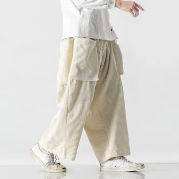 Kinesisk Stil Fløjlsbukser Casual Bred Ben Bukser 2021 Mode Harajuku Stor Lomme Black Straight Bukser Plus Size Bunde Mænd 4