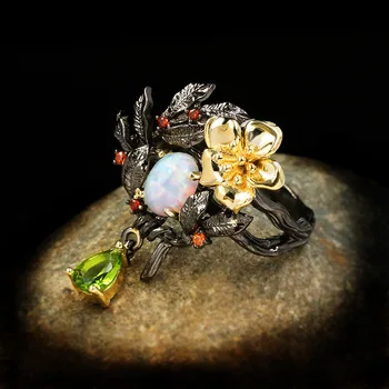 Klassisk Plante Blomster Perle Zircon Ring Opal Grøn Zircon Vedhæng Damer Ring Luksus Deltage Cocktail Damer 925 Sølv Smykker 3