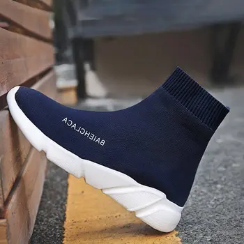 Koreanere Tendens Brev Mesh Mænd Casual Sko 2019 Walking Par Sorte Sneakers High Top Blue Kører Åndbar Sok Sport Sko 47 0