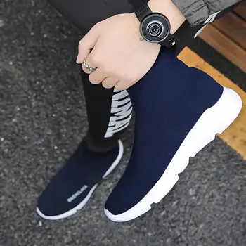 Koreanere Tendens Brev Mesh Mænd Casual Sko 2019 Walking Par Sorte Sneakers High Top Blue Kører Åndbar Sok Sport Sko 47 4