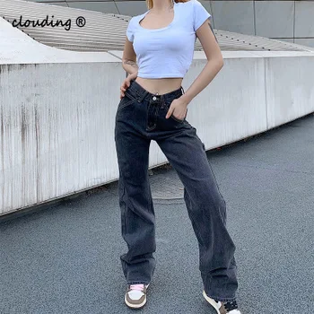 Koreansk Mode Kvinde, Jeans, Løs, Afslappet Straight Leg Highwaist Jeans Kvinder Streetwear Forår og Efterår Bukser 5